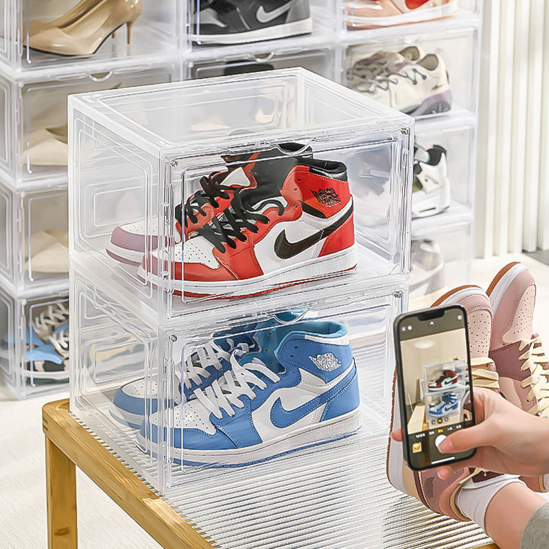 Wanuo Plastic Clear Shoe Case Fashionable Stackable White/Black Shoe Box Plastic Transparent Shoe Box With Magnet - Image 4
