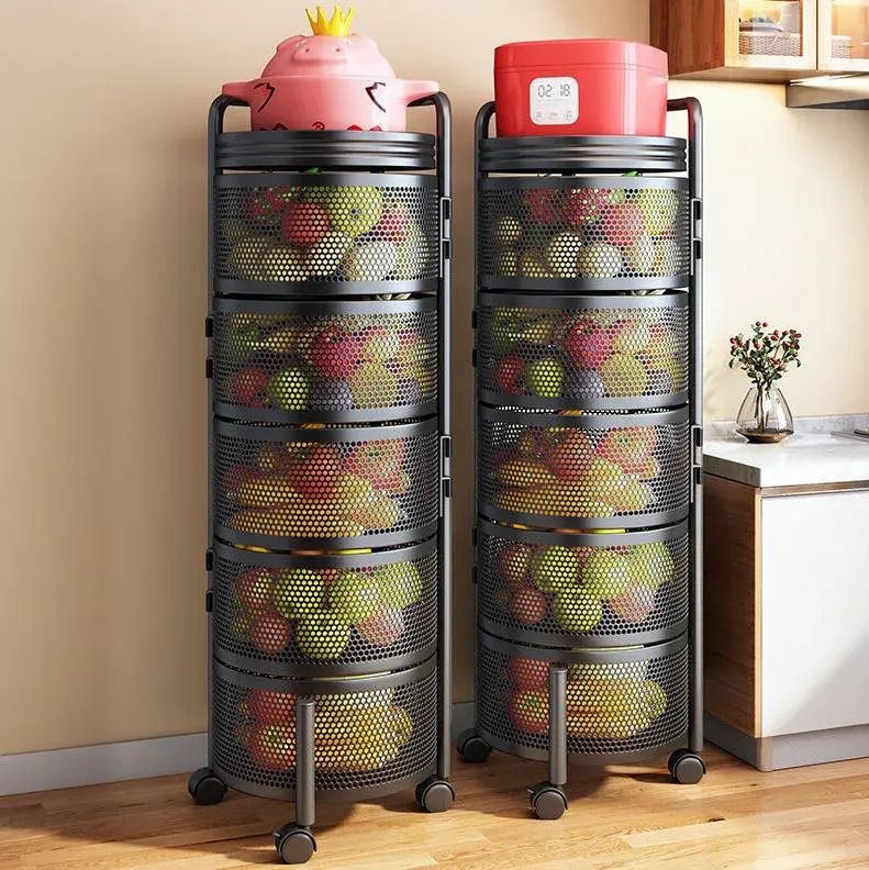 Kitchen Trolley Cart Storage Rack Shelf Multi-layer Vegetable Fruit Basket 360 Degree Rotating Baskets Rack With Wheels