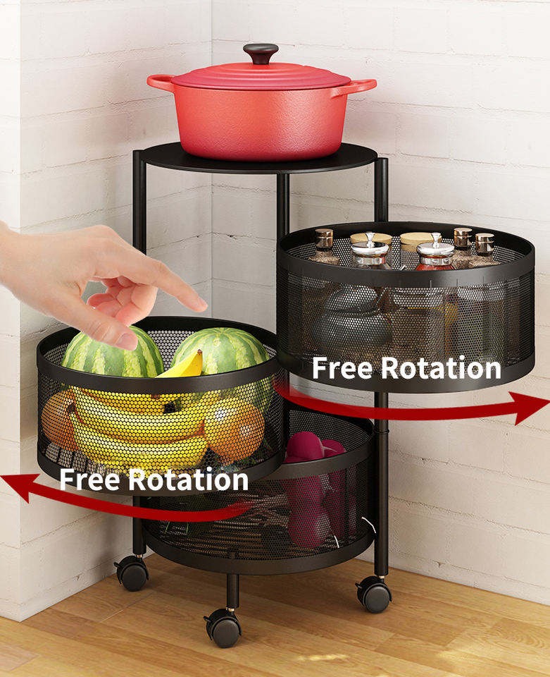 Kitchen Trolley Cart Storage Rack Shelf Multi-layer Vegetable Fruit Basket 360 Degree Rotating Baskets Rack With Wheels - Image 2