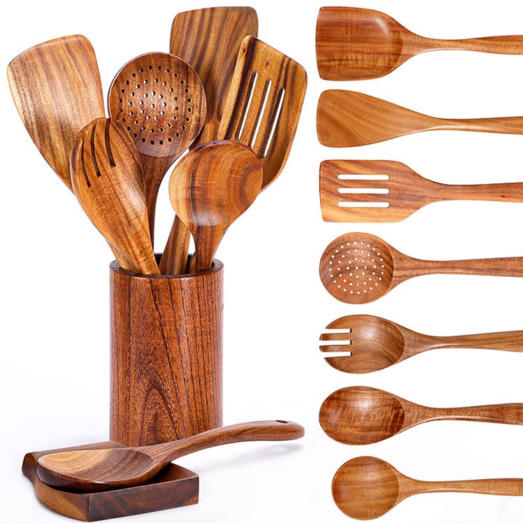 Wooden Kitchen Utensils Accessories 9pc Teak Cooking Tools Spoon Spatula Acacia Laddles Bamboo Utensils Sets