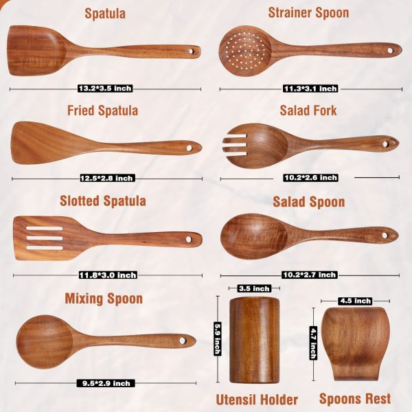 Wooden Kitchen Utensils Accessories 9pc Teak Cooking Tools Spoon Spatula Acacia Laddles Bamboo Utensils Sets - Image 2