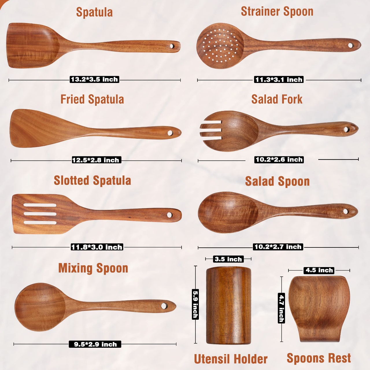 Wooden Kitchen Utensils Accessories 9pc Teak Cooking Tools Spoon Spatula Acacia Laddles Bamboo Utensils Sets - Image 2