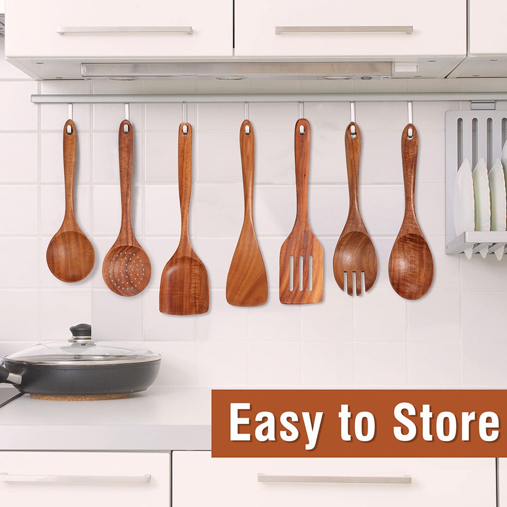 Wooden Kitchen Utensils Accessories 9pc Teak Cooking Tools Spoon Spatula Acacia Laddles Bamboo Utensils Sets - Image 4